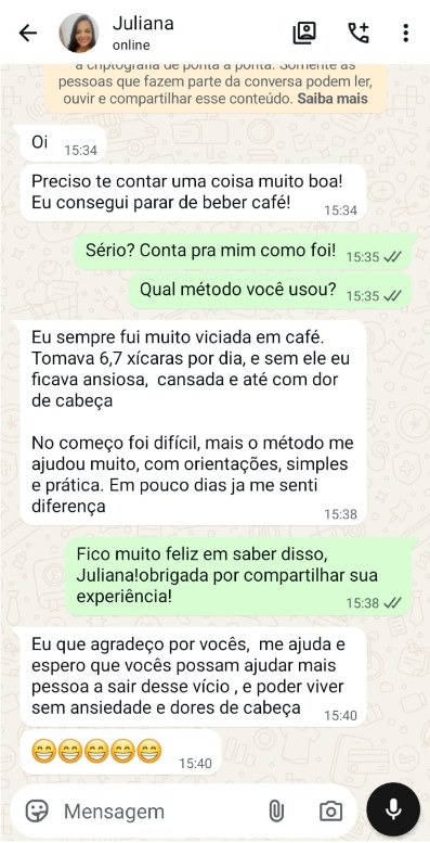 Print de conversa no WhatsApp: Juliana conta que conseguiu parar de tomar café